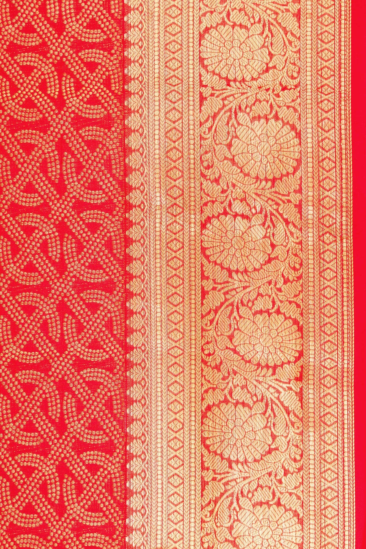 Border image of Red Dual Tone Kanjivaram Silk Saree with Zari Brocade on the body and Zari Border. 