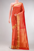 Red Dual Tone Kanjivaram Silk Saree with Zari Brocade on the body and Zari Border.  displayed on a mannequin