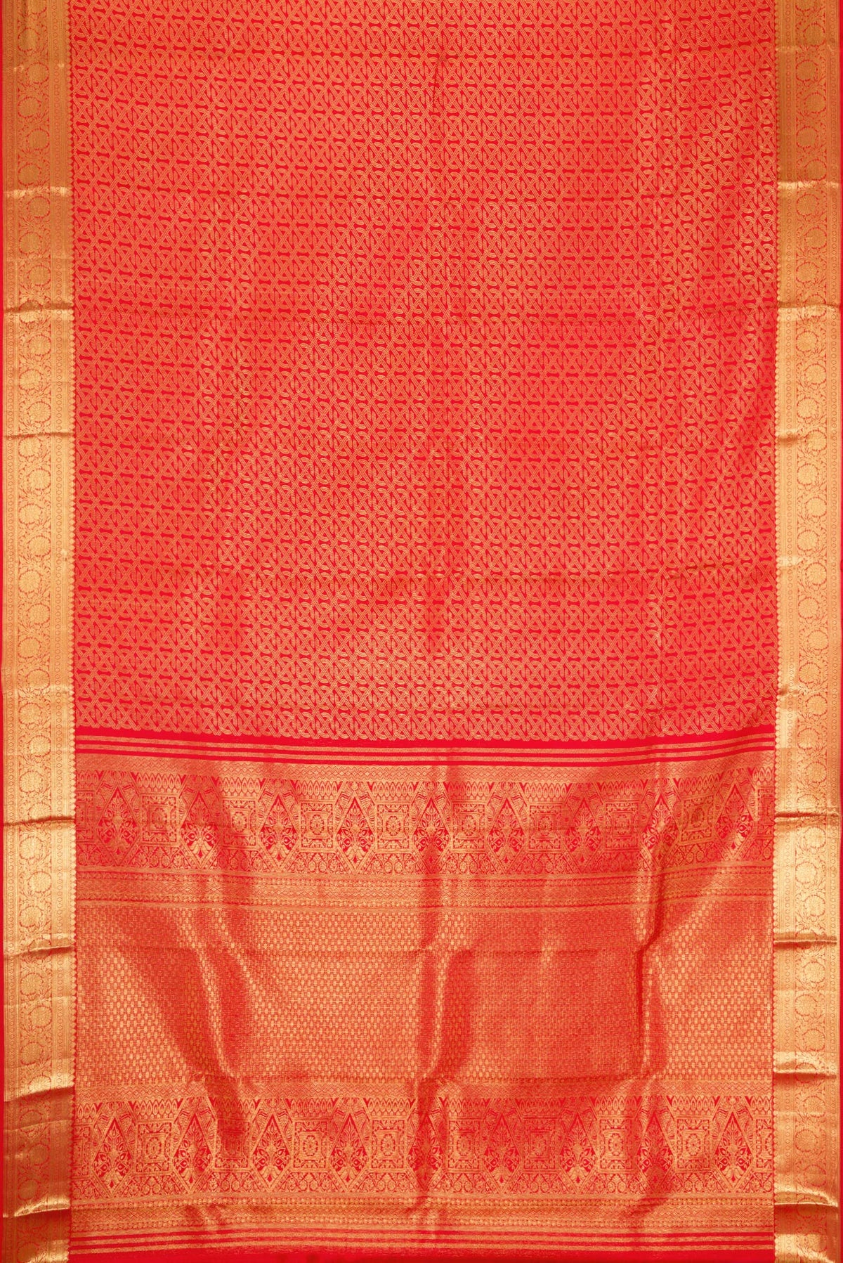 Flat view of Red Dual Tone Kanjivaram Silk Saree with Zari Brocade on the body and Zari Border. 