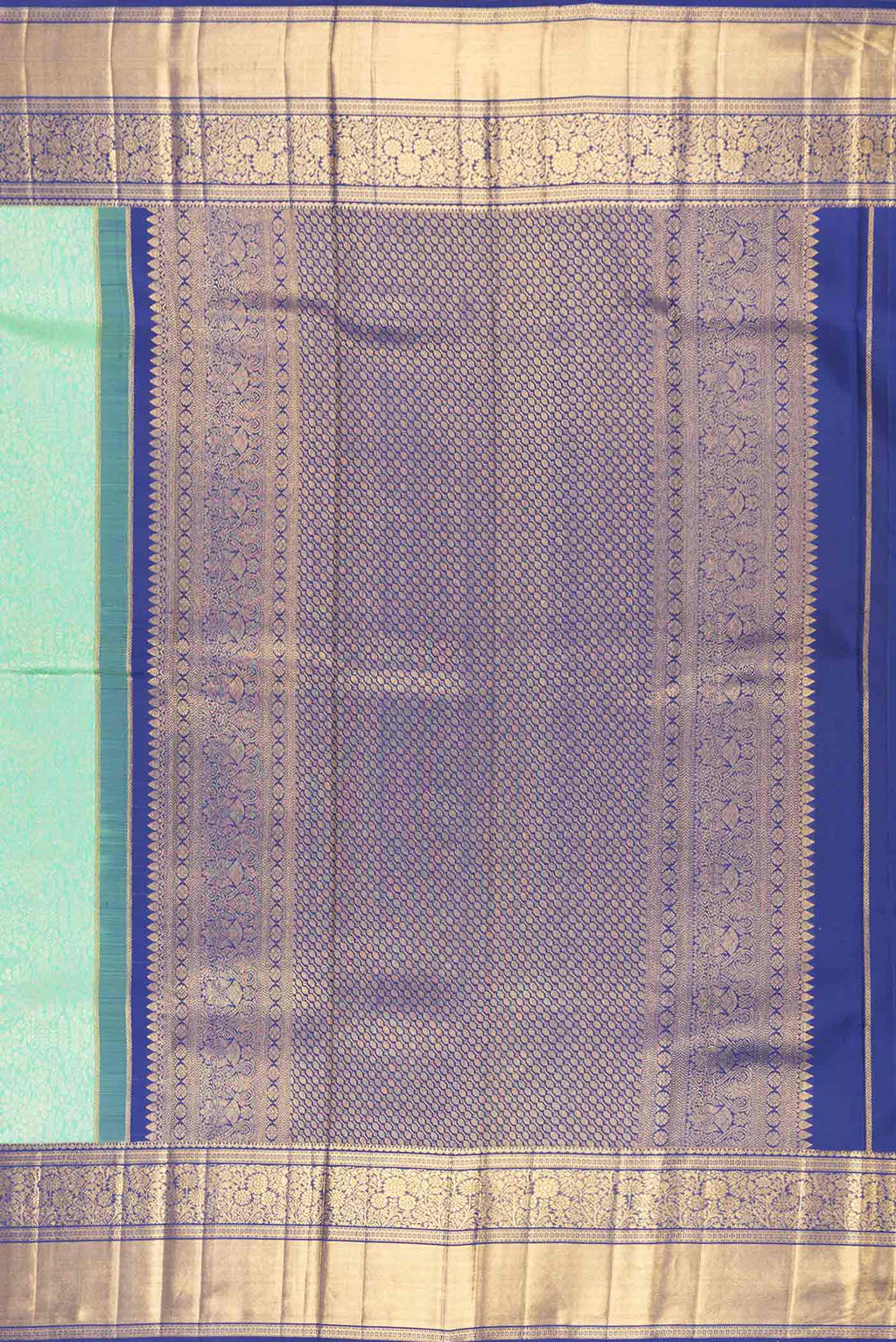 Close up image of the pallu of Sea Green Dual Tone Kanchipuram Silk Saree with Zari Brocade on the body and Zari Border
