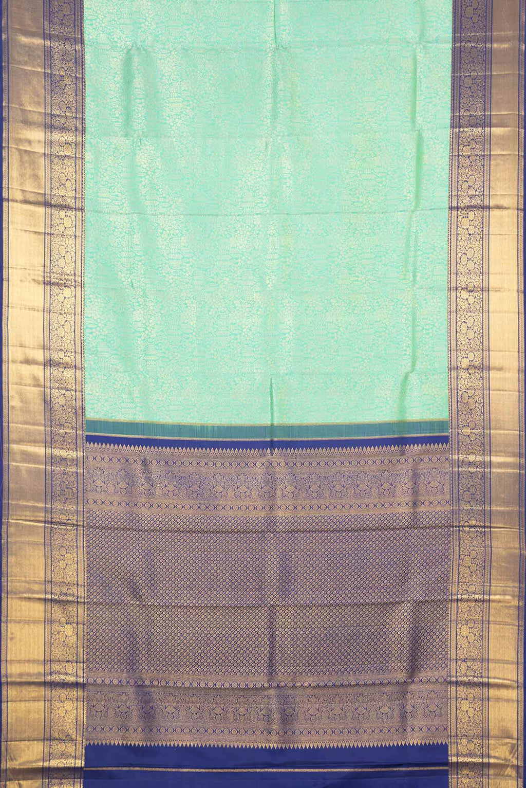 Flat view of Sea Green Dual Tone Kanchipuram Silk Saree with Zari Brocade on the body and Zari Border