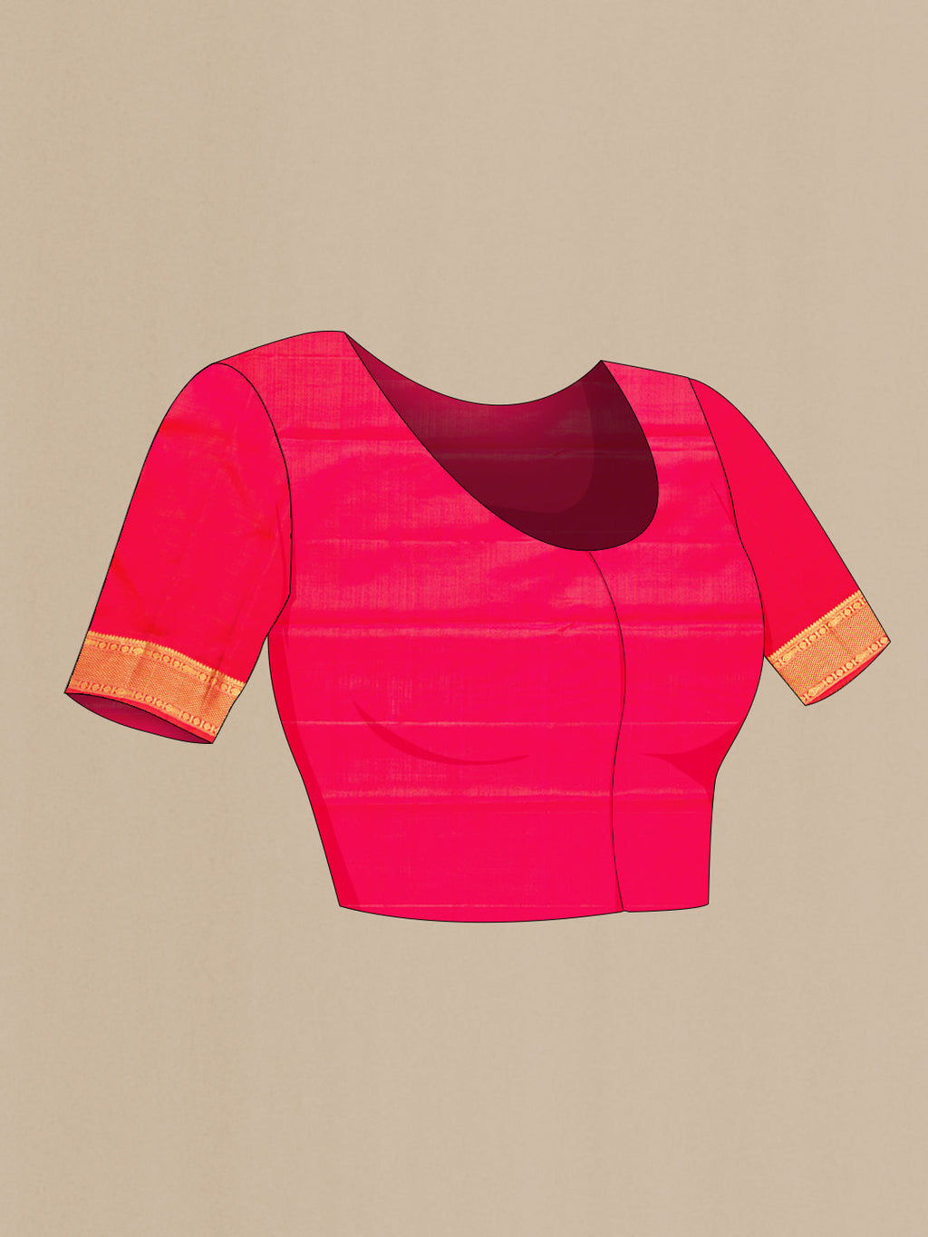 Close up image of the blouse of Coral Dual Tone Kanchipuram Silk Saree with Zari Brocade on the body and Zari Border. 