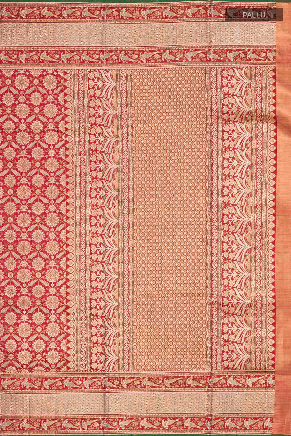 Close up image of the pallu of Red Kanchipuram Silk Saree with Zari Brocade on the body and Zari Border