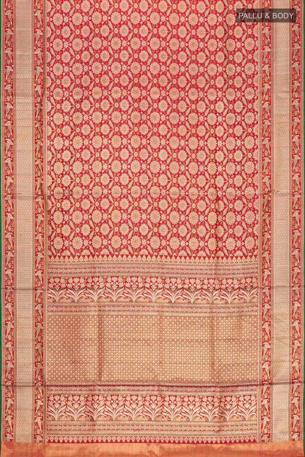 Flat view of Red Kanchipuram Silk Saree with Zari Brocade on the body and Zari Border