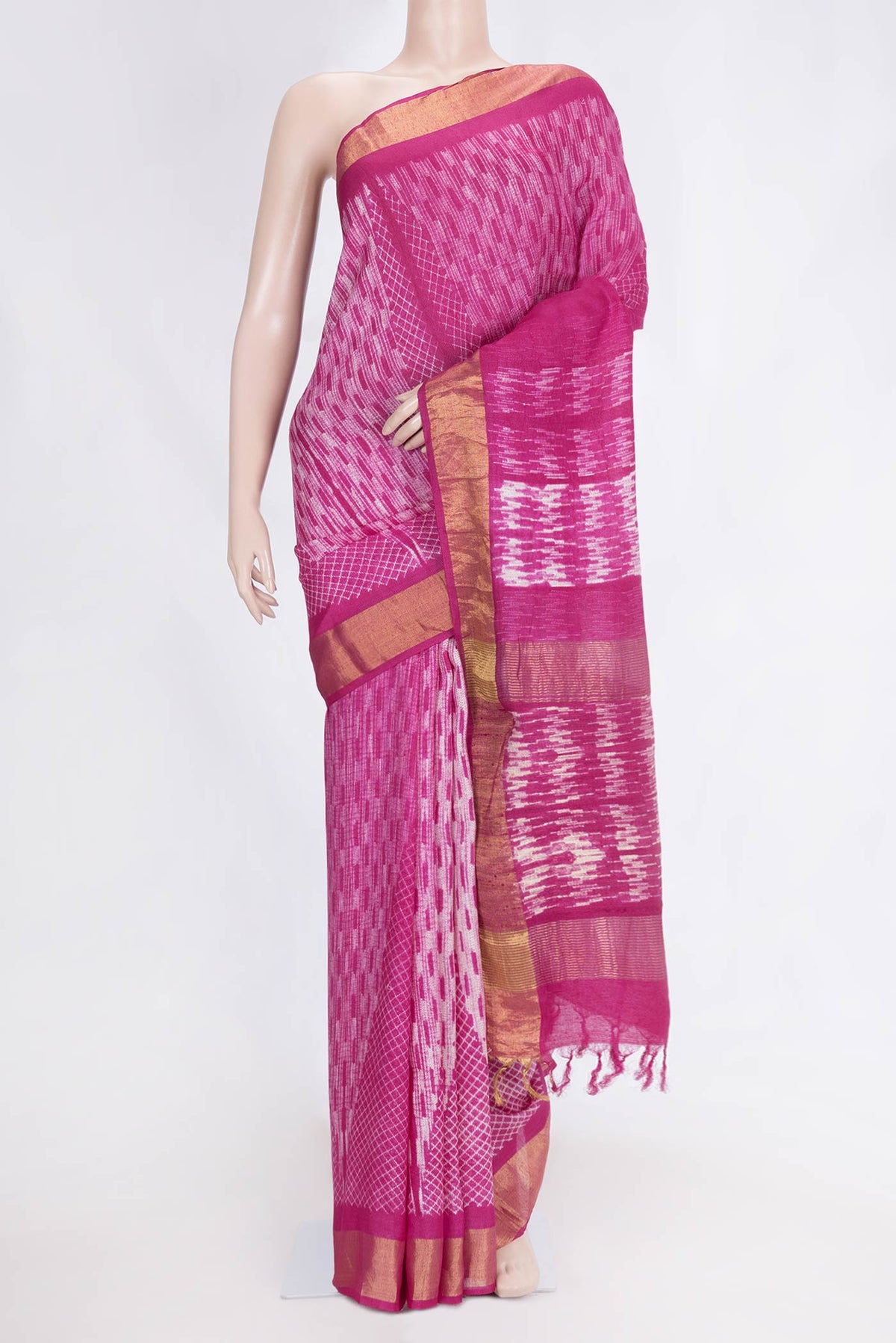 Pink Dual Tone Tussar Saree with Printed design on the body and Zari Border.  displayed on a mannequin