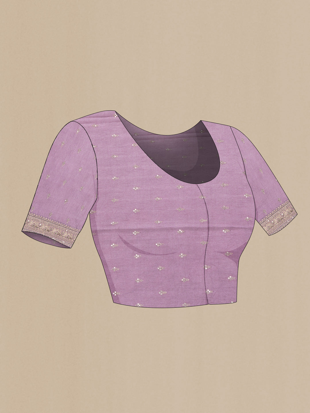 Close up image of the blouse of Lavender Dual Tone Tissue Silk SareePrinted design on the body and Embroidery Border