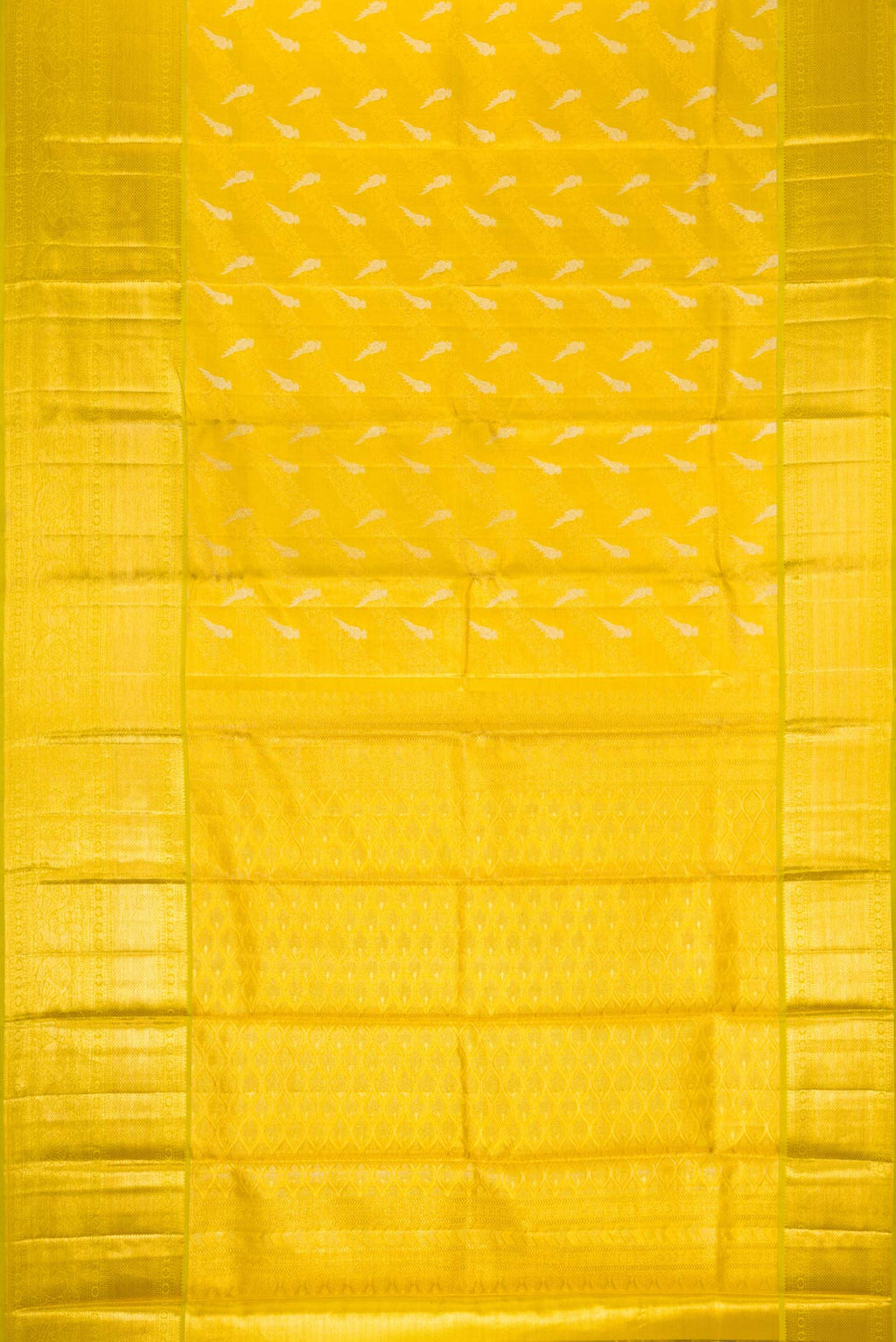 Flat view of Green Dual Tone Kanchipuram Tissue Silk Saree with Zari Brocade on the body and Zari Border. 