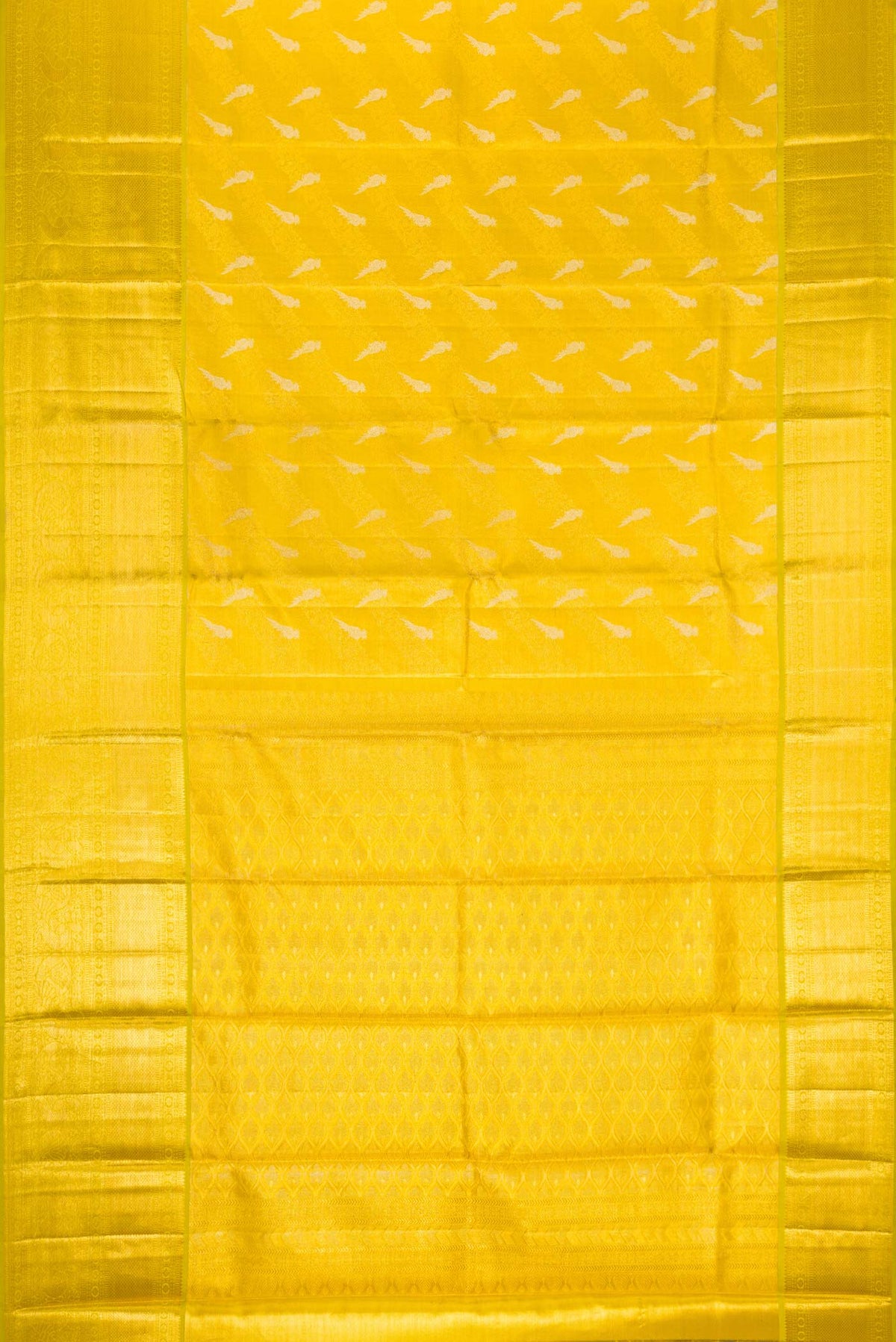 Flat view of Green Dual Tone Kanchipuram Tissue Silk Saree with Zari Brocade on the body and Zari Border. 