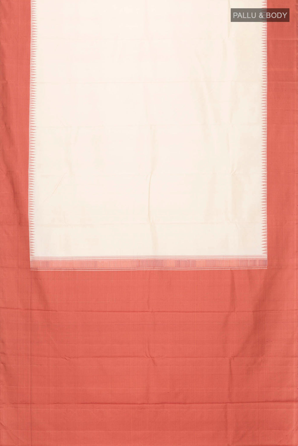 Flat view of Cream Kanchipuram Silk Saree with Plain Body and Temple Border
