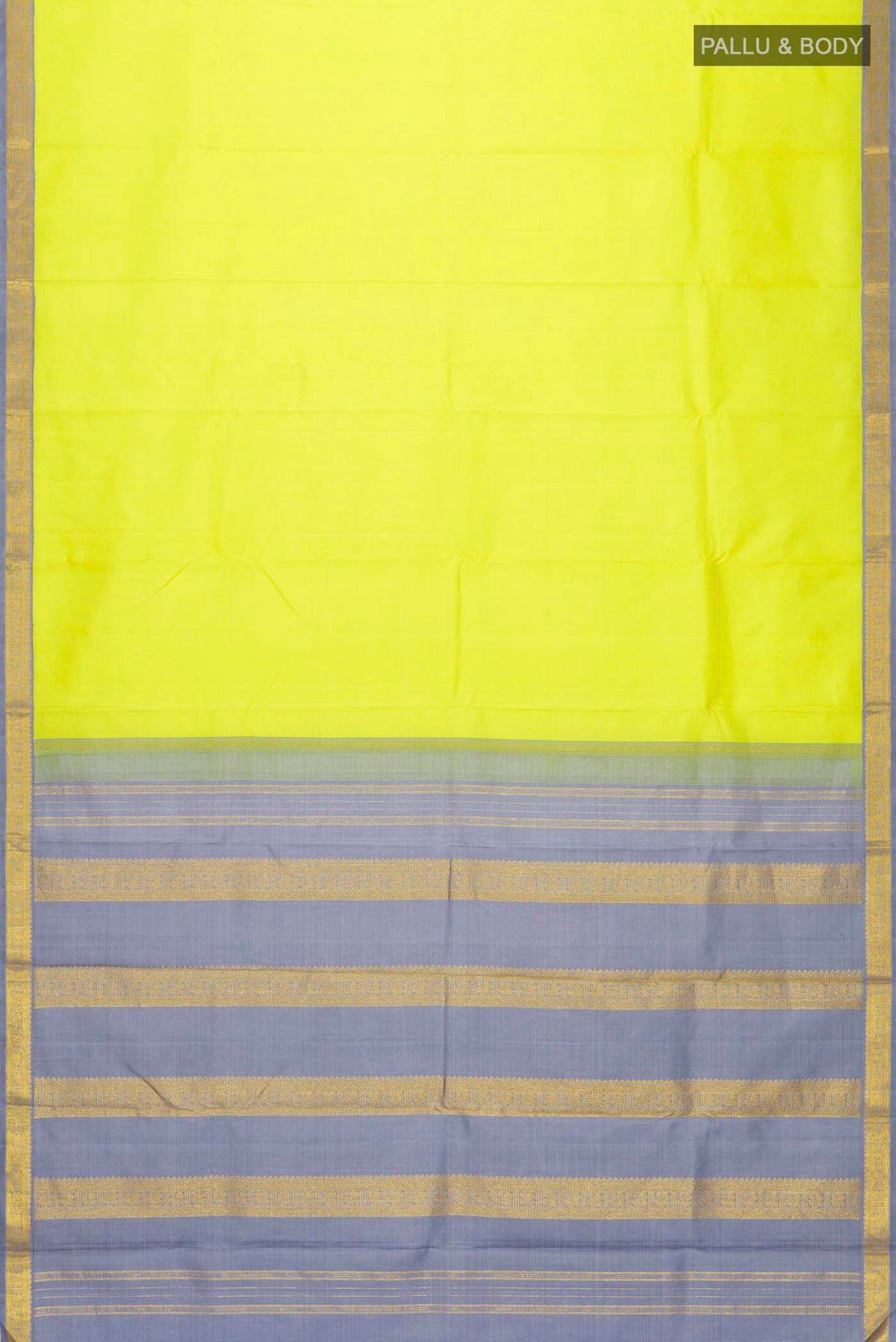 Flat view of Yellow Kanchipuram Silk Saree with Plain Body and Zari Border