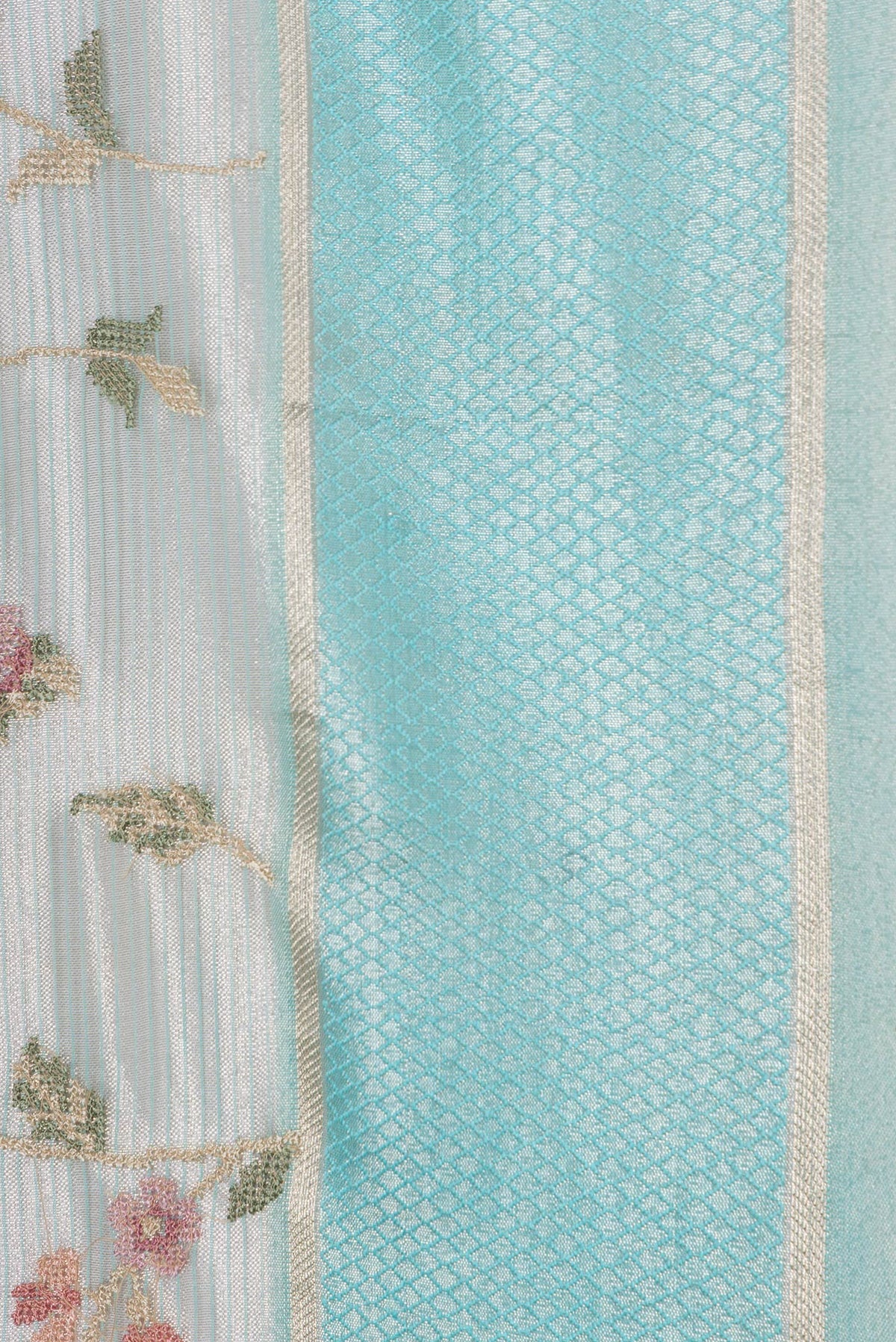 Border image of Sea Green Dual Tone Organza Silk Saree with Embroidery on the body and Zari And Thread Border. 