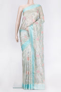 Sea Green Dual Tone Organza Silk Saree with Embroidery on the body and Zari And Thread Border.  displayed on a mannequin