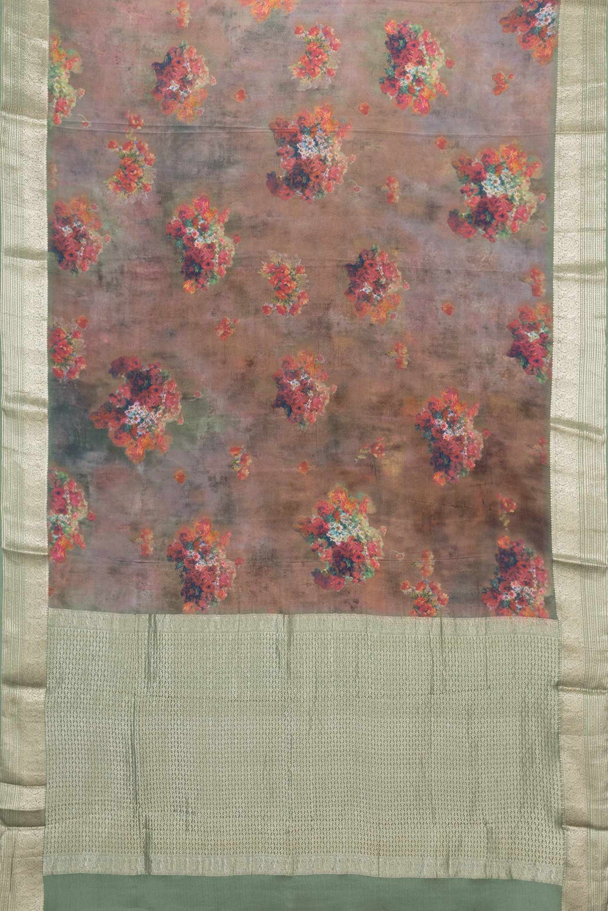 Flat view of Brown Mysore Crepe Saree with Floral Print on the body and Zari Border