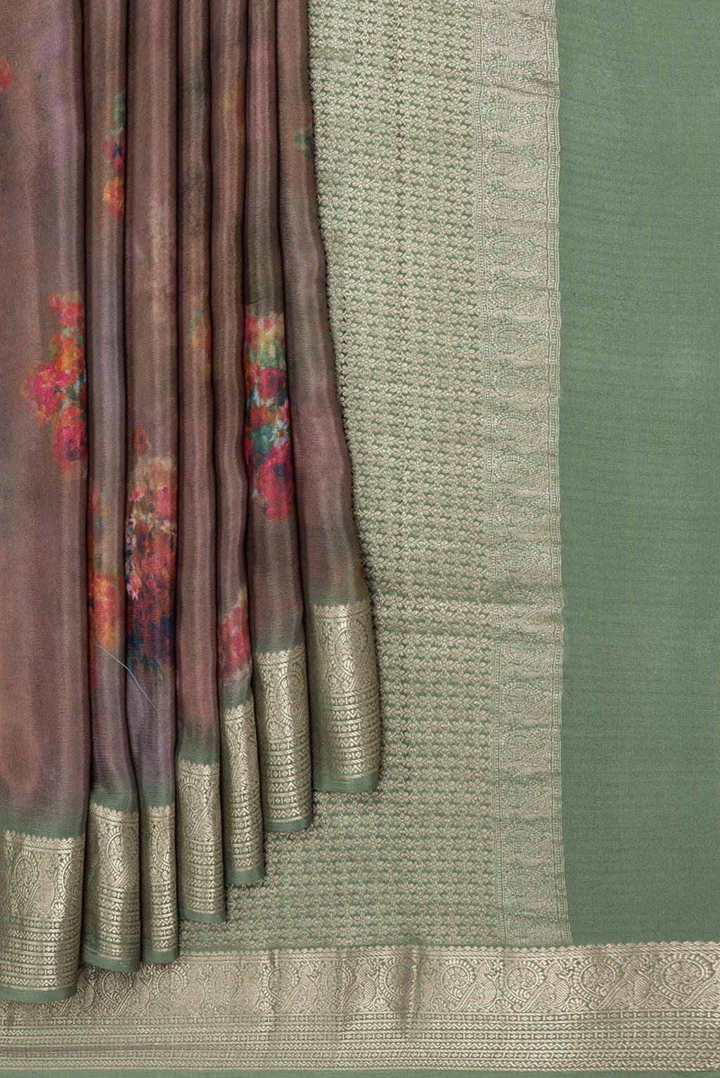 Pleats and pallu of Brown Mysore Crepe Saree with Floral Print on the body and Zari Border