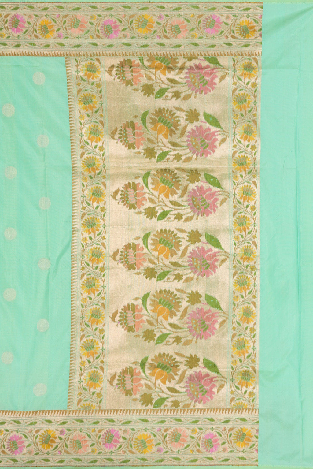 Close up image of the pallu of Sea Green Dual Tone Banarasi Silk Saree with Zari Butta on the body and Zari Border. 
