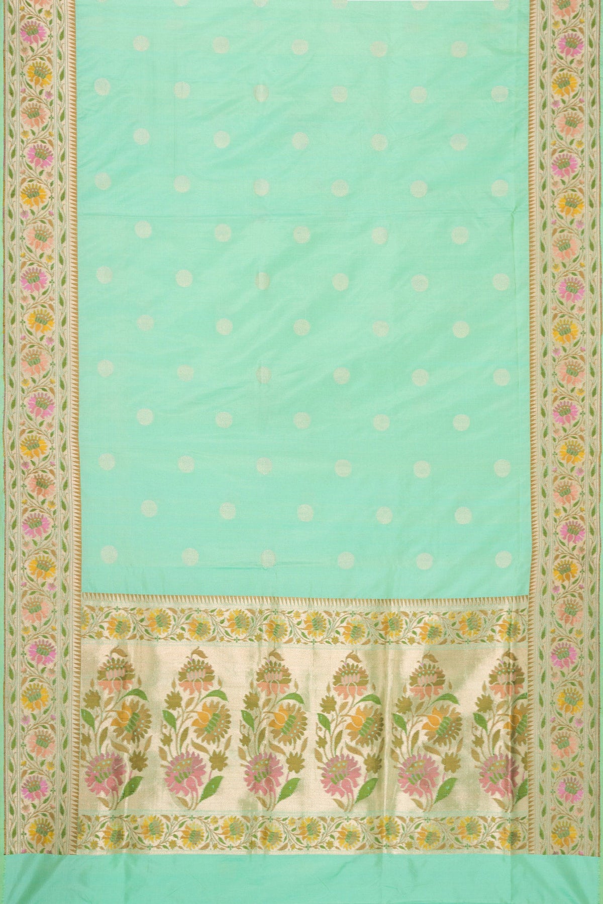 Flat view of Sea Green Dual Tone Banarasi Silk Saree with Zari Butta on the body and Zari Border. 