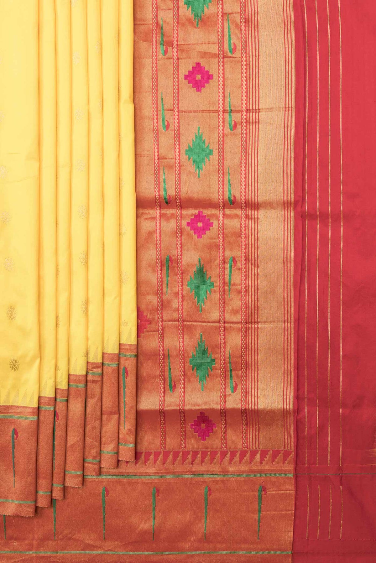 Pleats and pallu of Yellow Dual Tone Paithani Silk Saree with Zari Butta on the body and Paithani Border