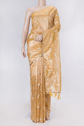 Gold Dual Tone Blended Organza Silk Saree with Zari Brocade on the body and Embroidery Border displayed on a mannequin