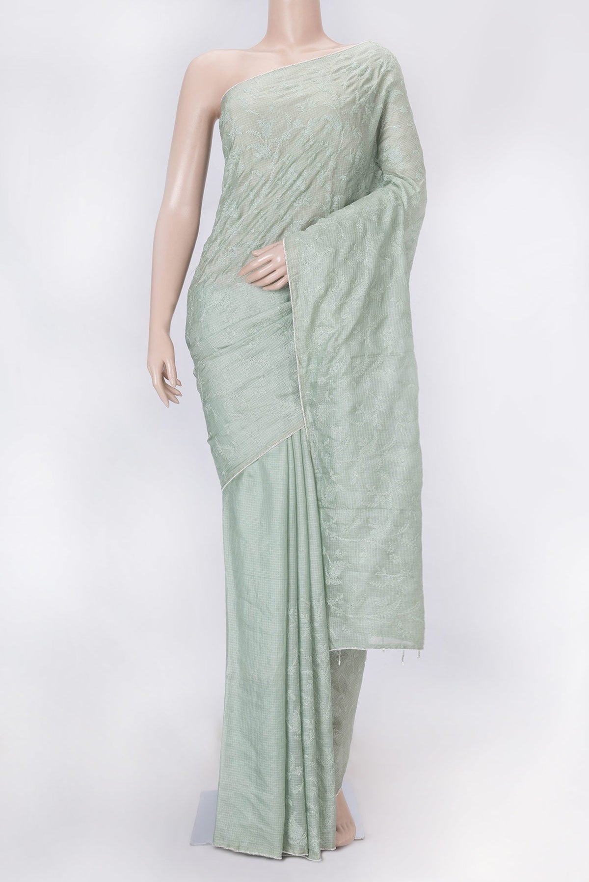 Light Green Dual Tone Kota Silk Saree with Embroidery on the body and Embroidery Border displayed on a mannequin