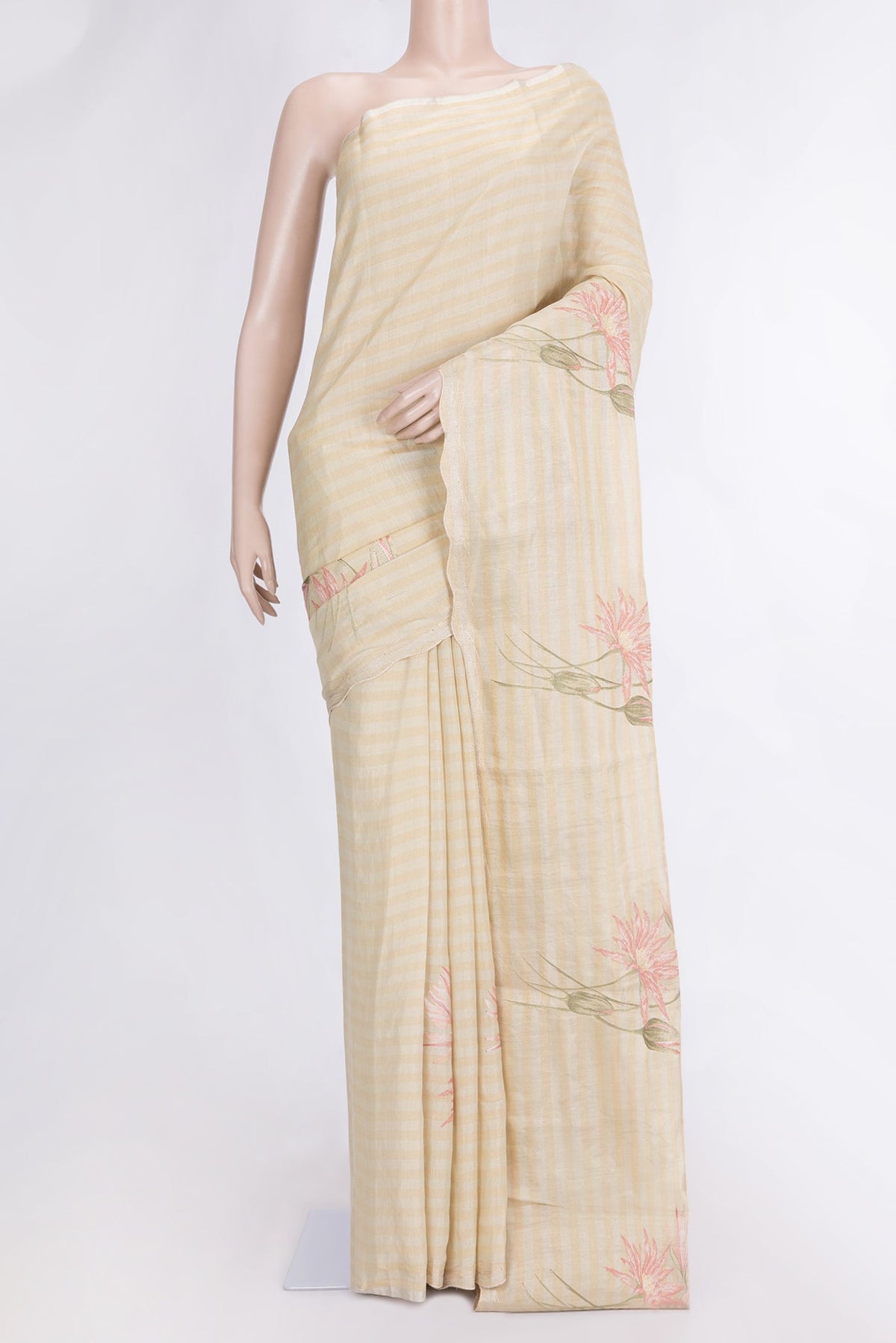 Sandal Dual Tone Organza Silk Saree with Embroidery on the body and Embroidery Border.  displayed on a mannequin