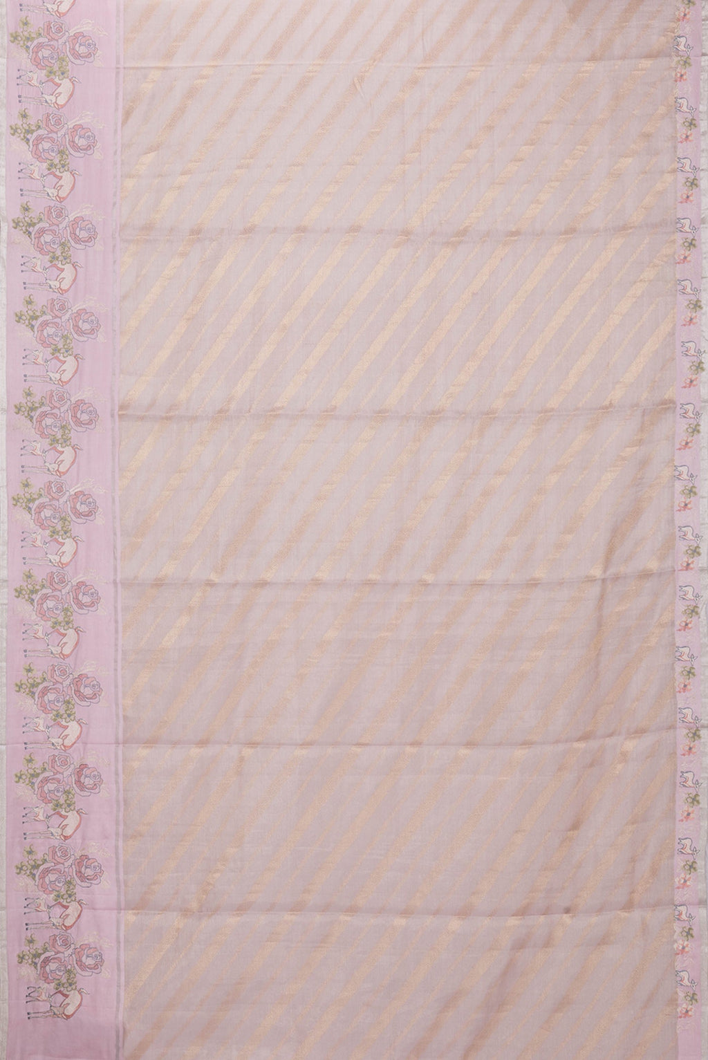 Flat view of Rose Gold Dual Tone Organza Silk Saree with Zari Brocade on the body and Embroidery Border. 