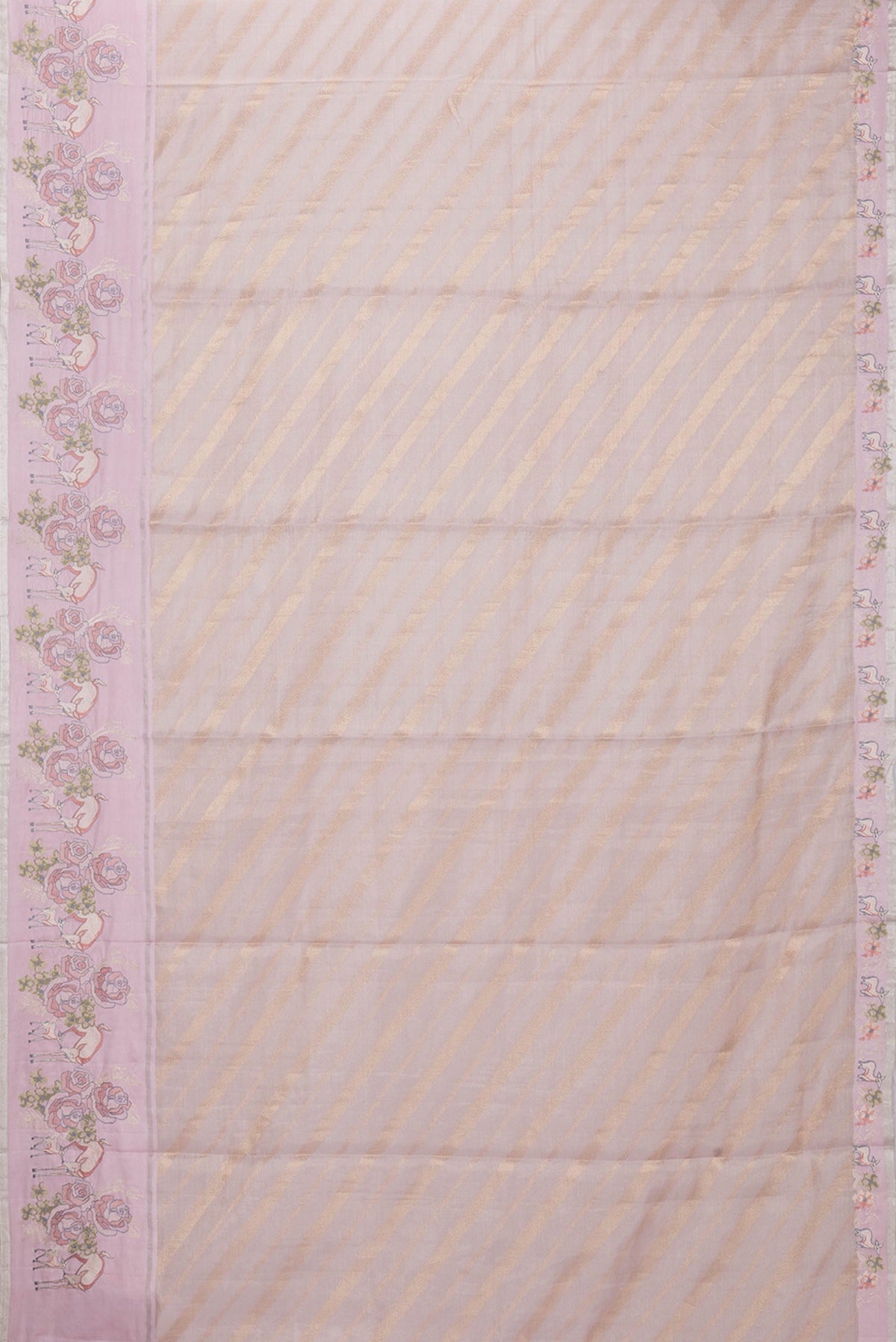 Flat view of Rose Gold Dual Tone Organza Silk Saree with Zari Brocade on the body and Embroidery Border. 