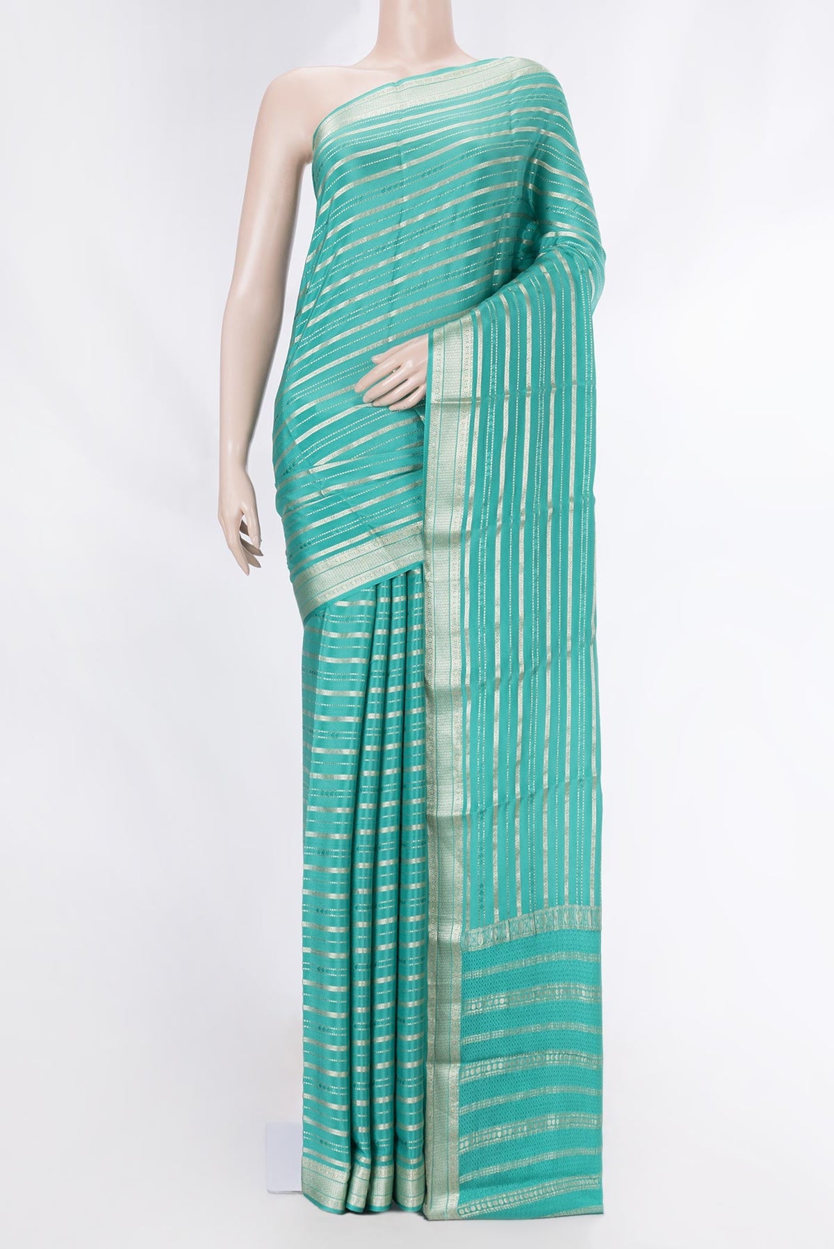 Sea Green Dual Tone Mysore Georgette Saree with Stripes on the body and Zari Border displayed on a mannequin