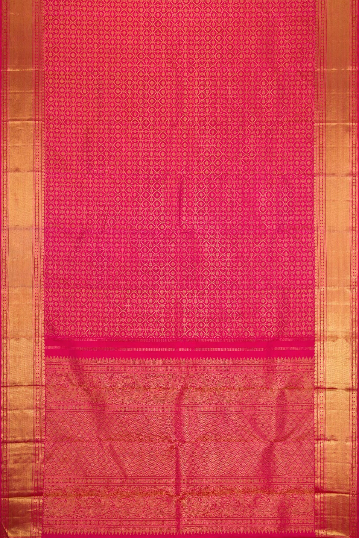 Flat view of Pure Silk Pure Zari Pink Dual Tone Kanjivaram Saree with Zari Brocade on the body and Zari Border. 