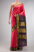 Pure Silk Pure Zari Pink Dual Tone Kanchipuram Nine Yards Saree with Stripes on the body and Zari Border.  displayed on a mannequin