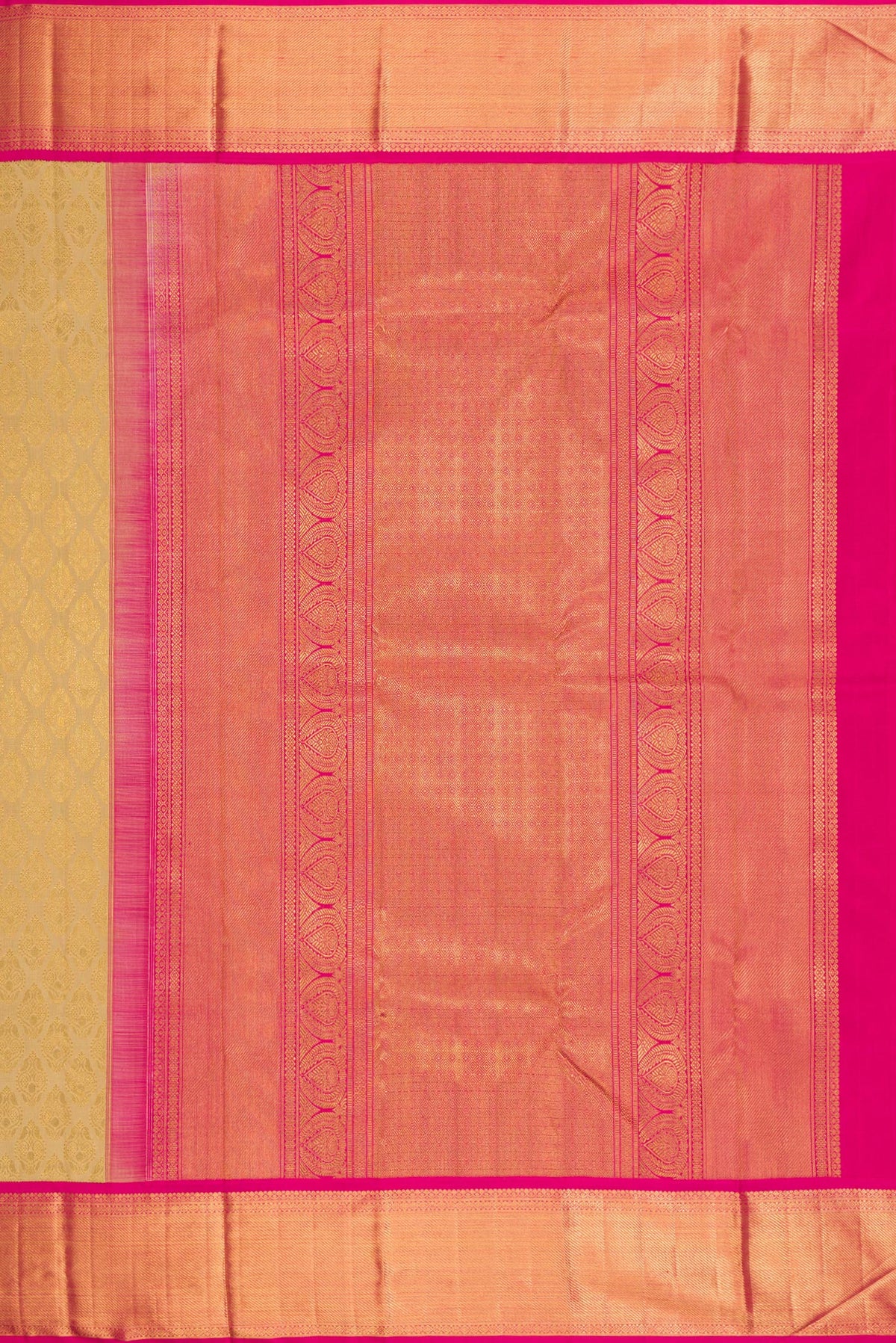 Close up image of the pallu of Pure Silk Pure Zari Beige Dual Tone Kanjivaram Saree with Zari Brocade on the body and Zari Border. 