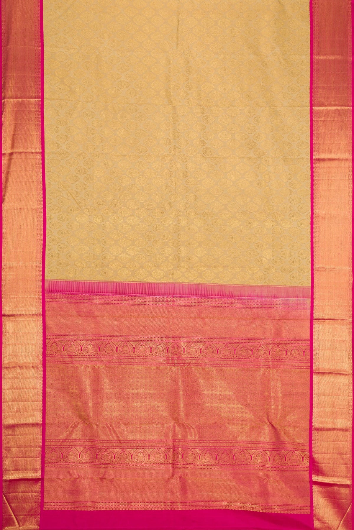 Flat view of Pure Silk Pure Zari Beige Dual Tone Kanjivaram Saree with Zari Brocade on the body and Zari Border. 