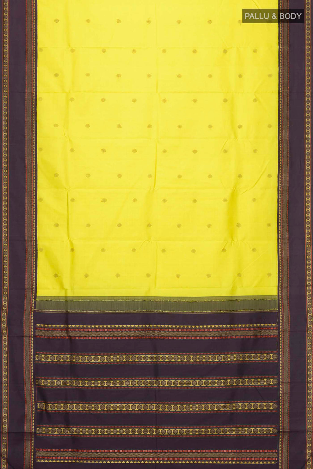 Flat view of Yellow Kanchipuram Silk Saree with Thread Butta on the body and Thread Border