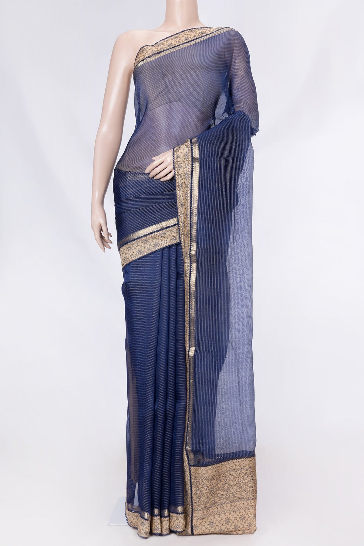 Navy Blue Dual Tone Organza Silk Saree with Stripes on the body and Embroidery Border displayed on a mannequin