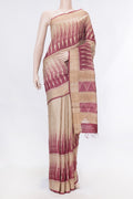 Maroon Dual Tone Tussar Silk Saree With Printed design on the body and Zari Border displayed on a mannequin