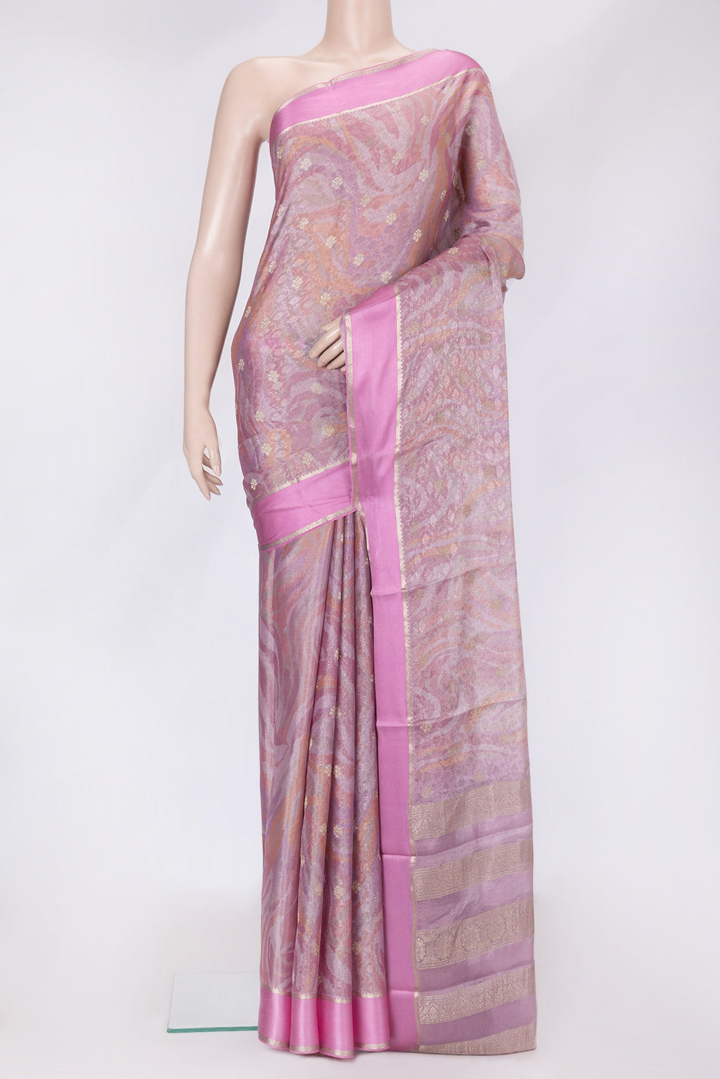 Lavender Dual Tone Mysore Georgette Saree with Printed design on the body and Fancy Border.  displayed on a mannequin