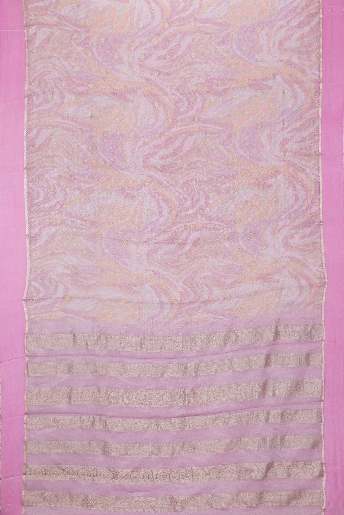 Flat view of Lavender Dual Tone Mysore Georgette Saree with Printed design on the body and Fancy Border. 