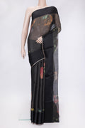 Black Dual Tone Tussar Silk Saree with Stripes on the body and Plain Border.  displayed on a mannequin