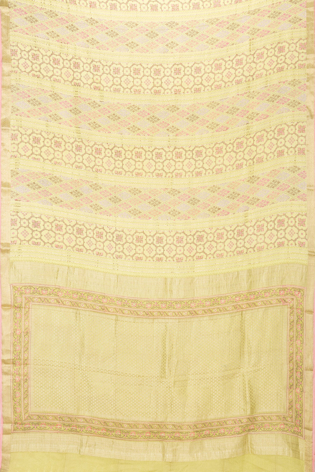 Flat view of Lemon Yellow Dual Tone Mysore Crepe Saree with Printed design on the body and Zari Border. 