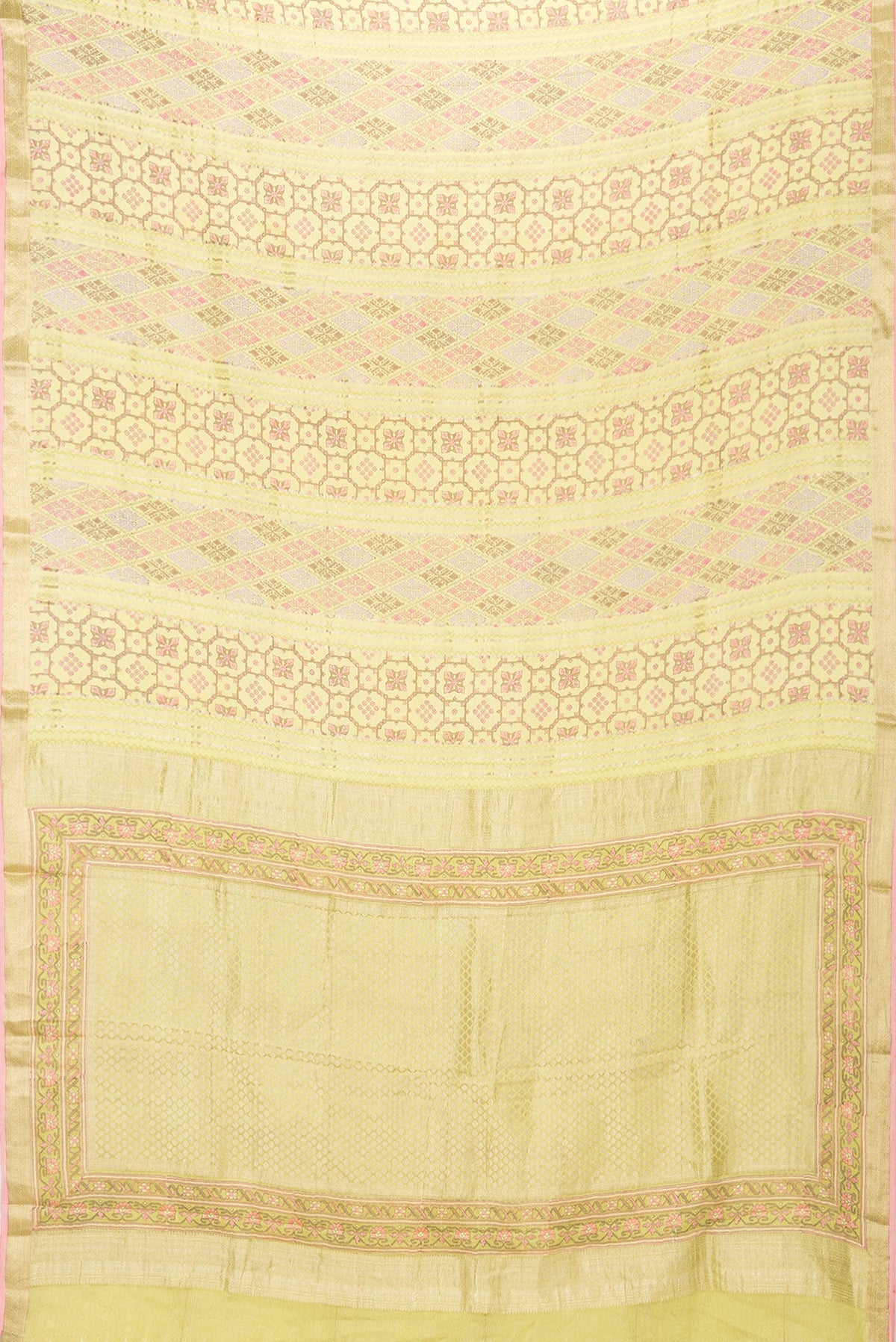Flat view of Lemon Yellow Dual Tone Mysore Crepe Saree with Printed design on the body and Zari Border. 