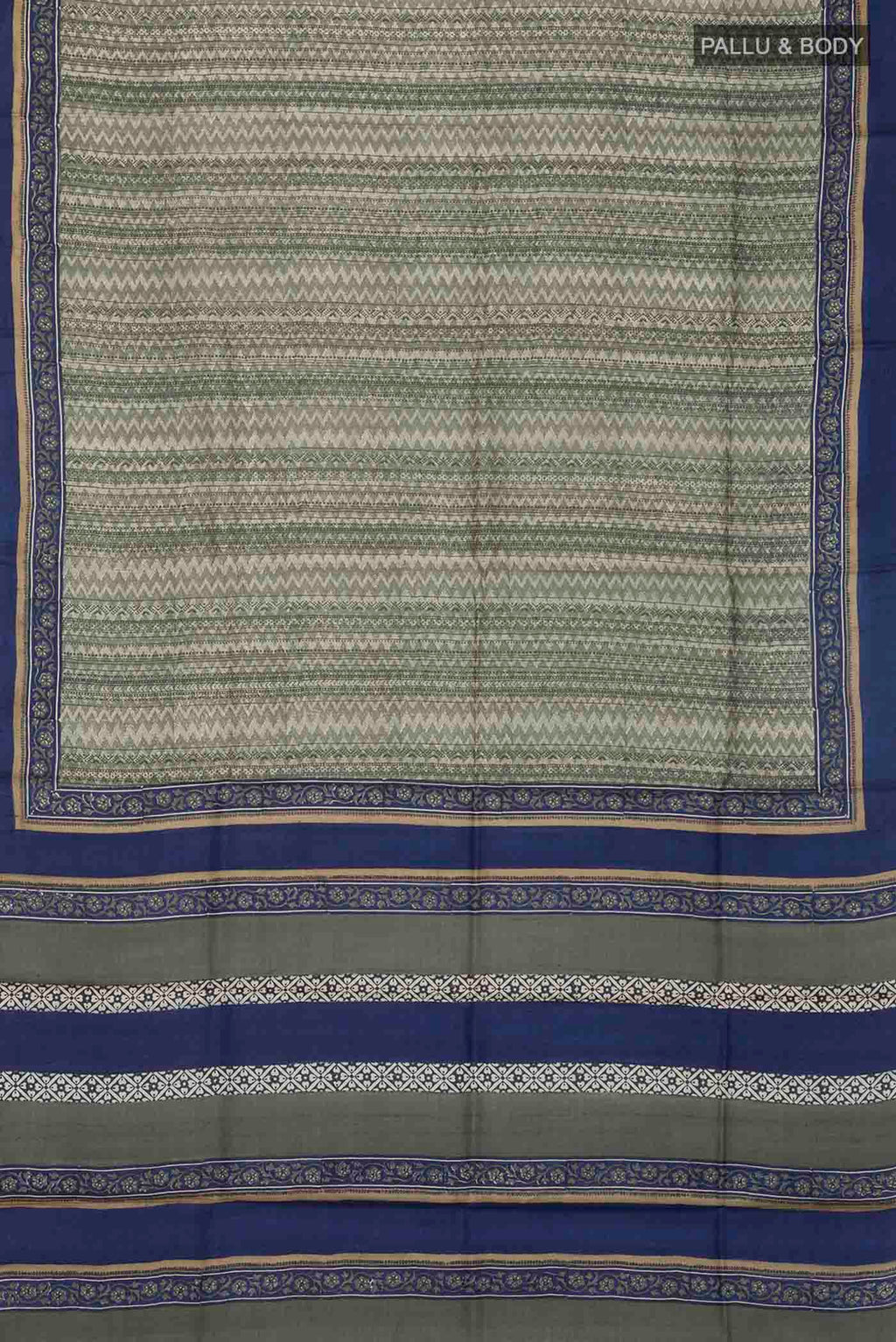 Flat view of Green Tussar Silk Saree with Printed design on the body and Plain Border
