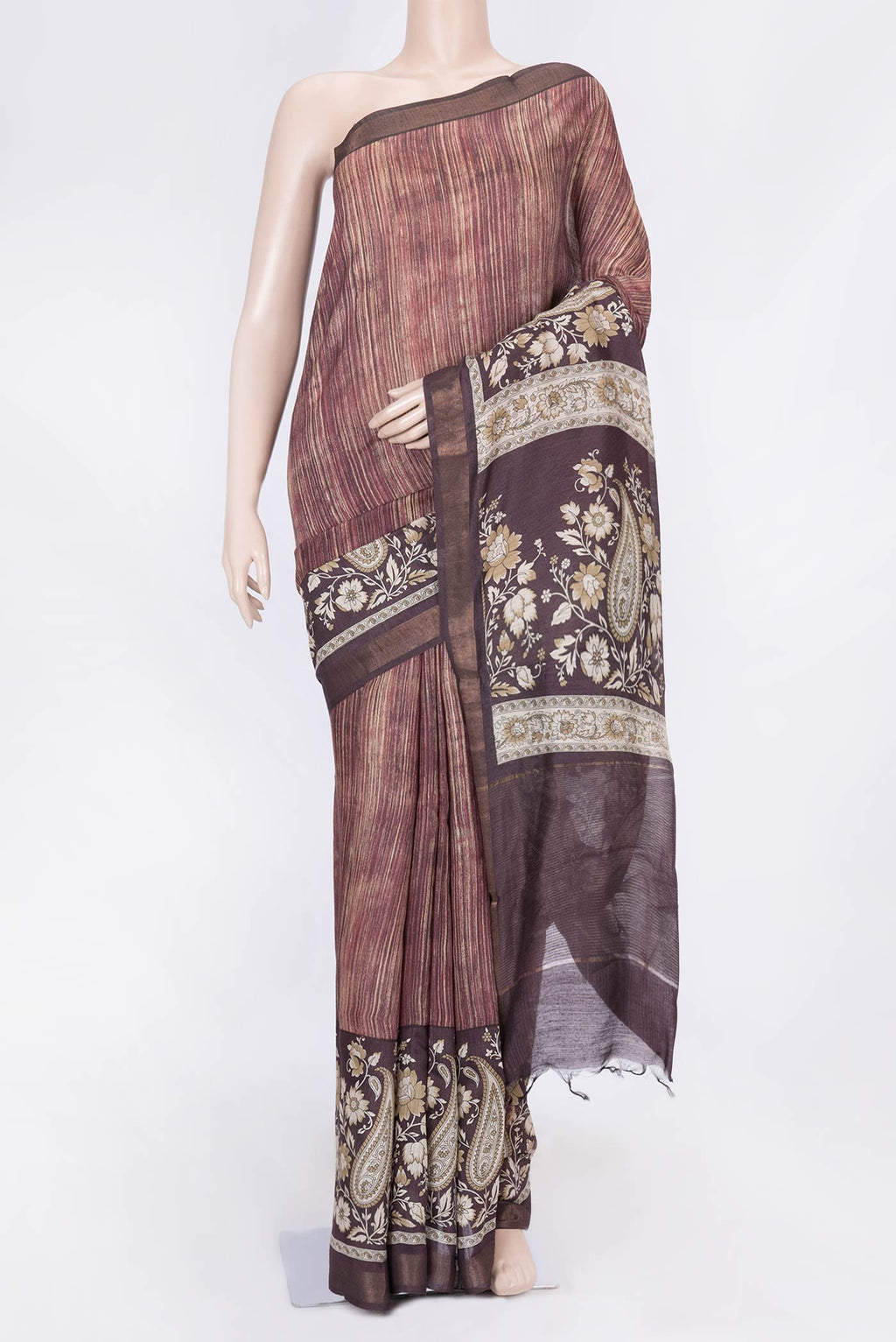 Maroon Dual Tone Tussar Saree with Printed design on the body and Printed Border displayed on a mannequin