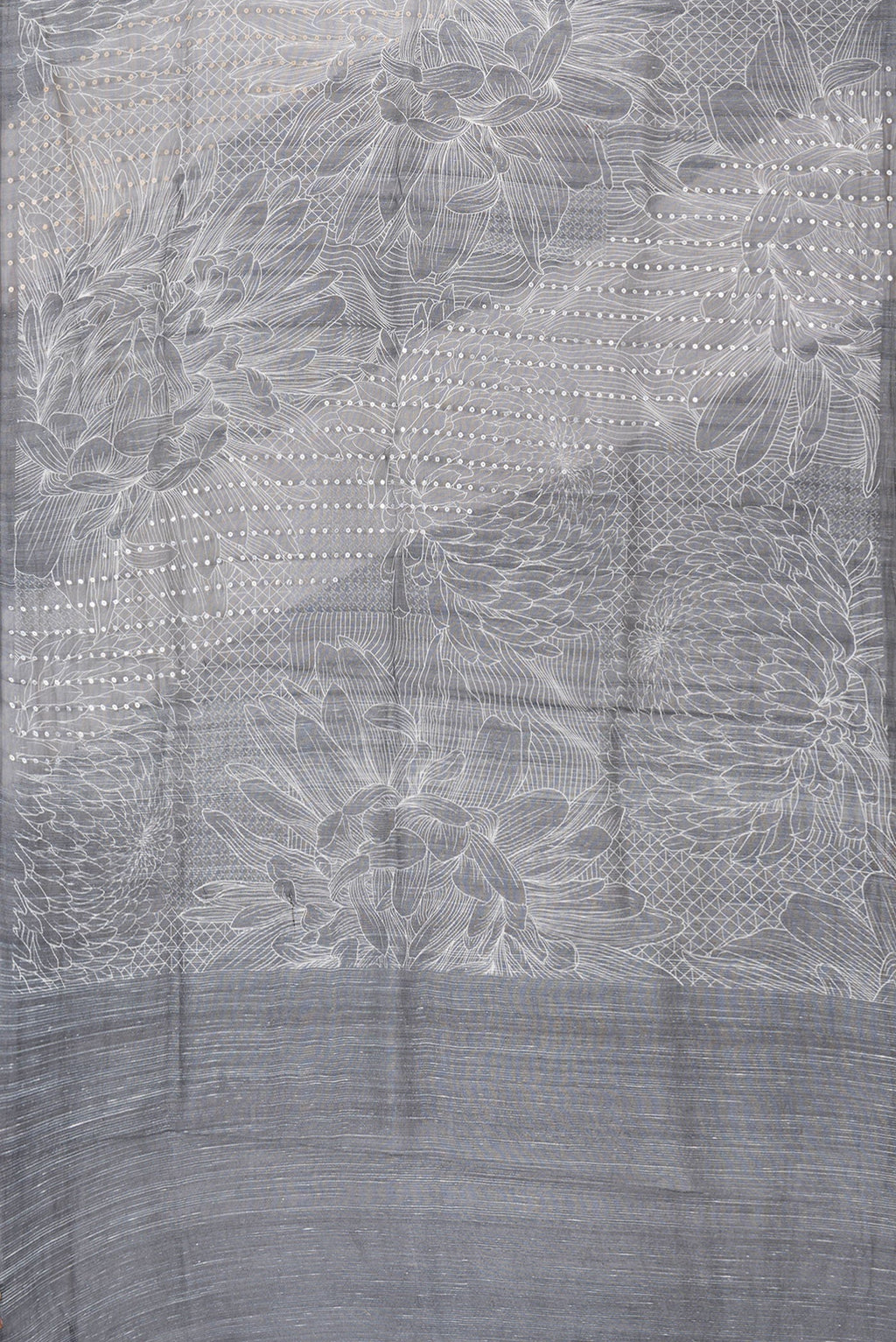 Flat view of Black Dual Tone Tussar Silk Saree with Printed design on the body and Without Border. 