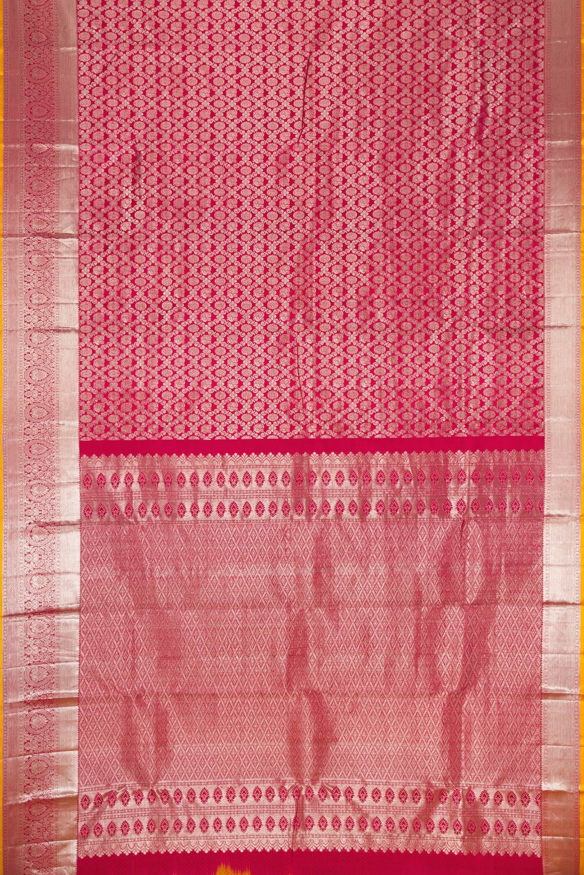 Flat view of Pink Dual Tone Kanjivaram Silk Saree with Zari Brocade on the body and Zari Border. 