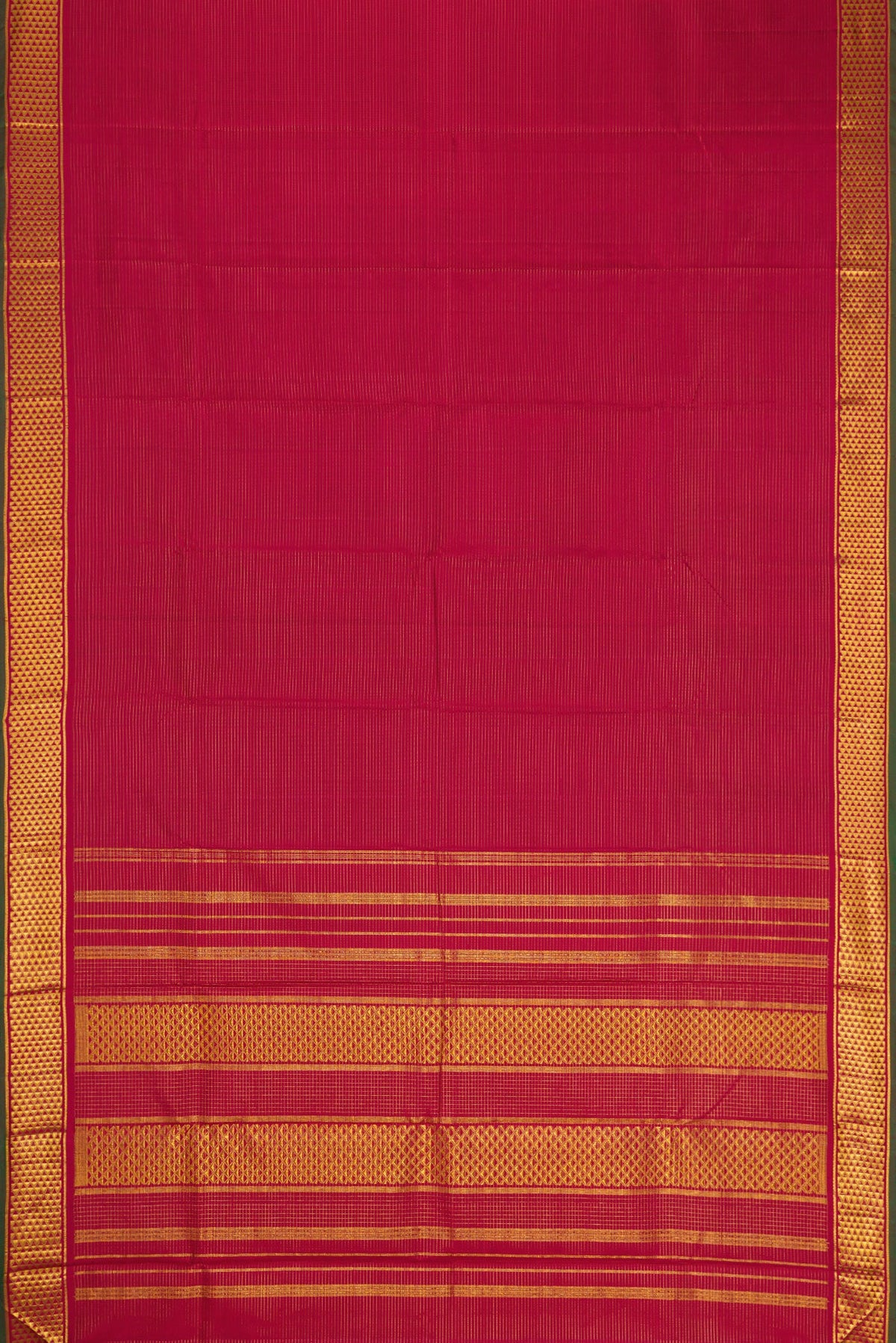 Flat view of Maroon Kanchipuram Silk Saree with Stripes on the body and Zari Border. 