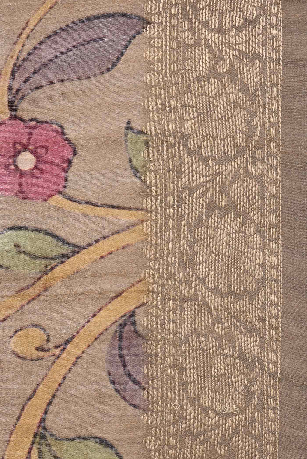 Border image of Beige Dual Tone Tussar Saree with kalamkari Print on the body and Zari Border. 