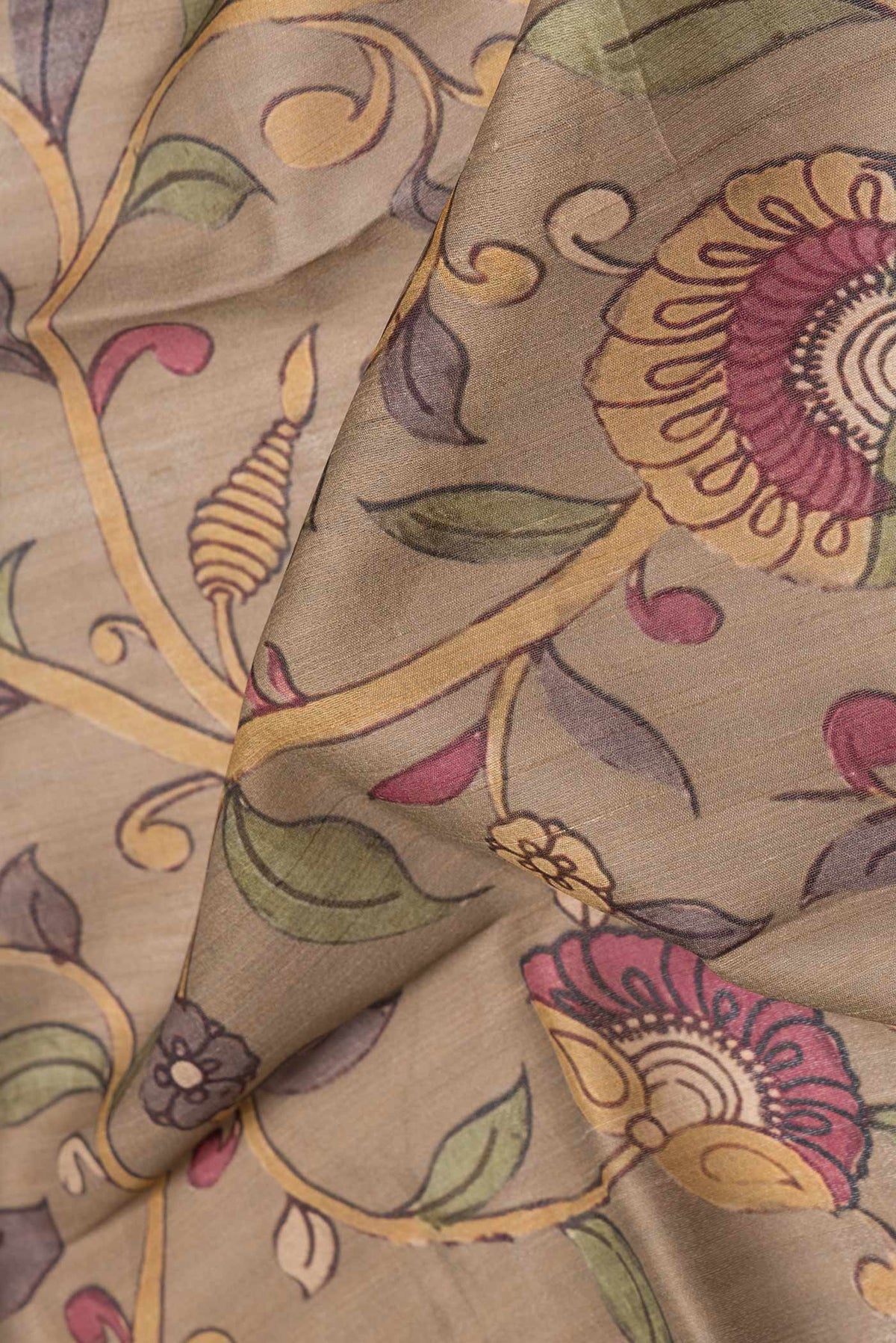 Close up of Beige Dual Tone Tussar Saree with kalamkari Print on the body and Zari Border.  displaying folds