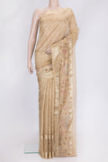 Gold Dual Tone Organza Silk Saree with Plain Body and Embroidery Border.  displayed on a mannequin