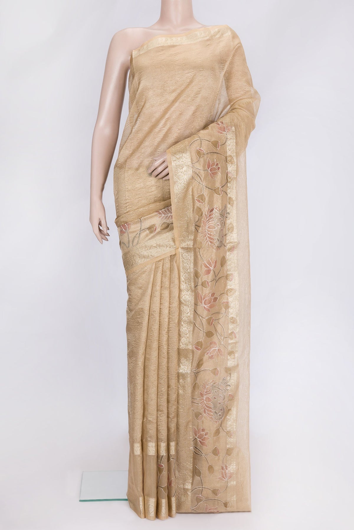 Gold Dual Tone Organza Silk Saree with Plain Body and Embroidery Border.  displayed on a mannequin