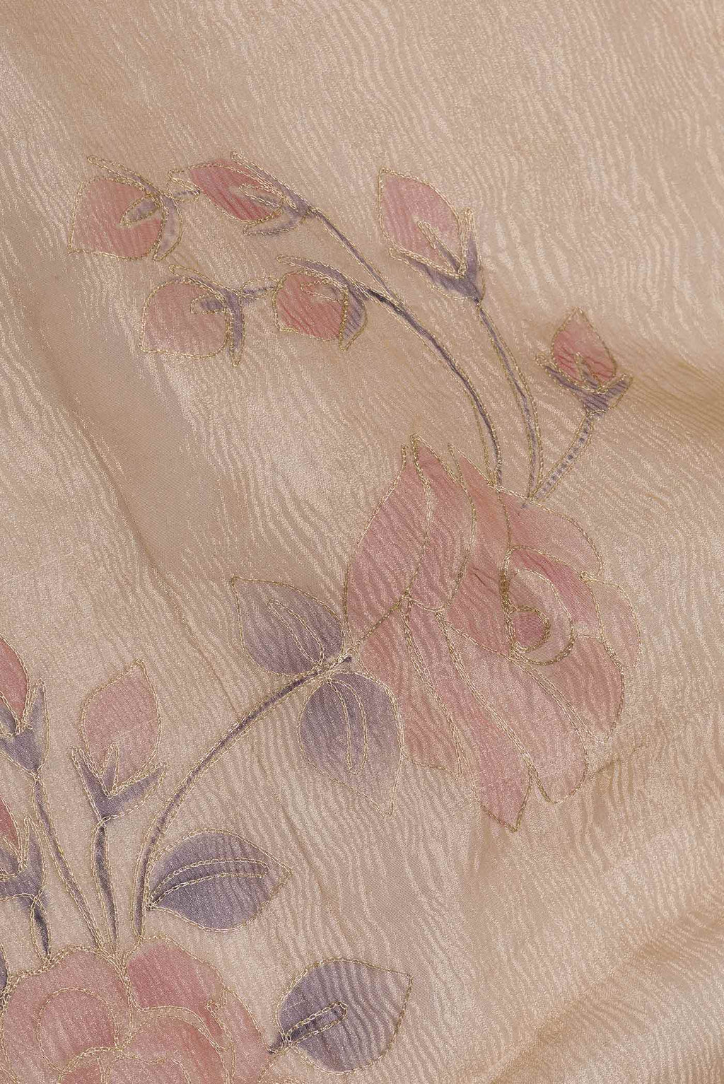 Close up of Gold Dual Tone Organza Silk Saree with Zari Brocade on the body and Zari Border displaying folds
