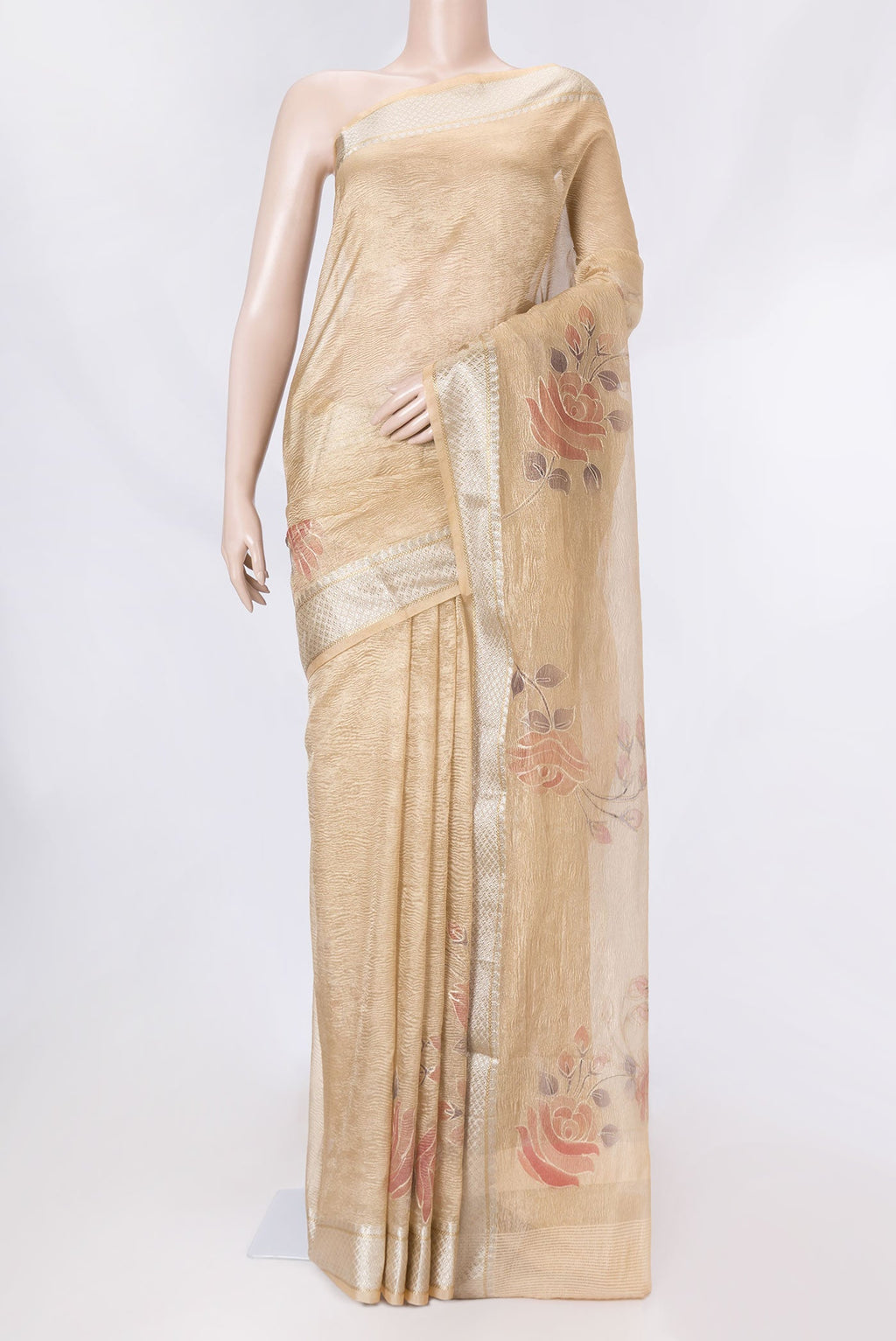 Gold Dual Tone Organza Silk Saree with Zari Brocade on the body and Zari Border displayed on a mannequin